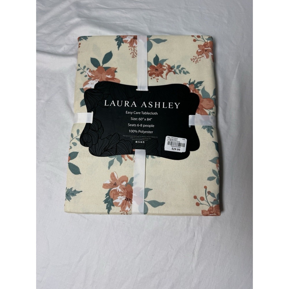 60 "x 84" Laura Ashley Tablecloth Floral White Cream Red Flowers Fall Easy Care